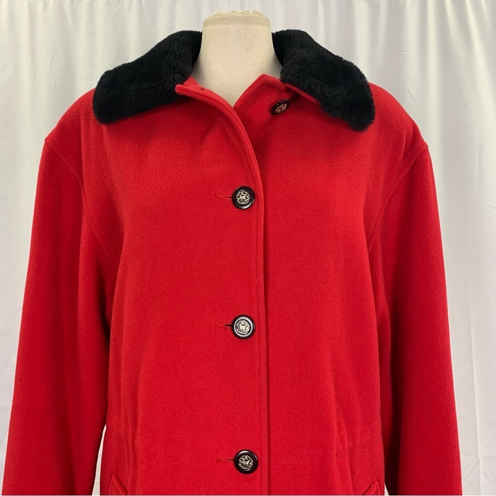 Vintage Red Wool Coat with Black Faux Fur Trim - Picture 4 of 11
